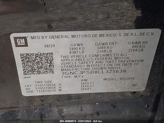 Chevrolet Trax Awd Lt 2020 3GNCJPSB8LL325639 Image 9