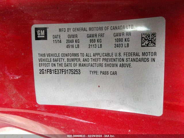 Chevrolet Camaro 2ls 2015 2G1FB1E37F9175253 Image 9