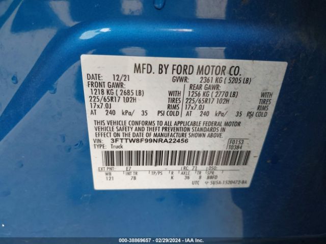 3FTTW8F99NRA22456 Ford Maverick Xlt