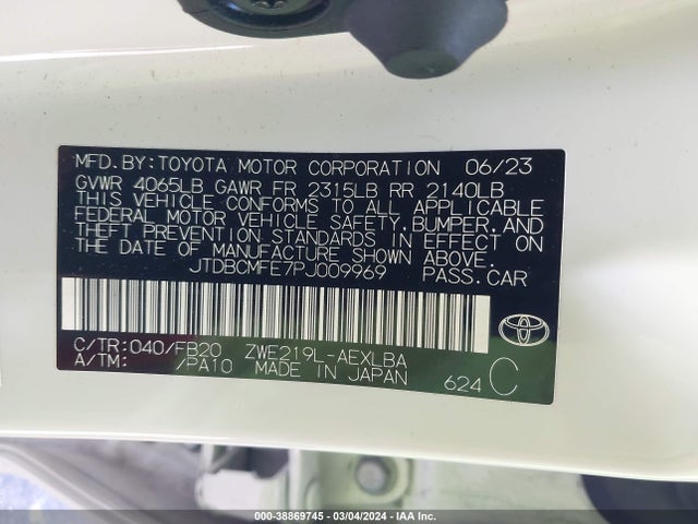 2023 TOYOTA COROLLA HYBRID LE VIN: JTDBCMFE7PJ009969
