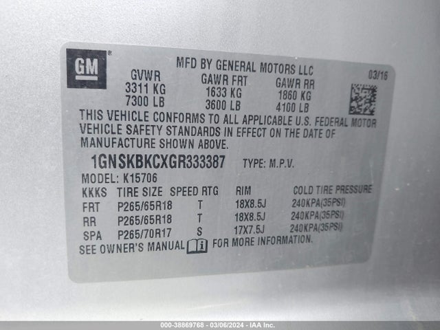 Chevrolet Tahoe Lt 2016 1GNSKBKCXGR333387 Image 9