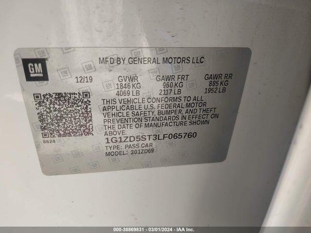 2020 CHEVROLET MALIBU FWD LT VIN: 1G1ZD5ST3LF065760