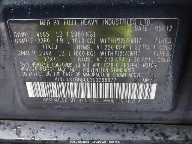 2012 SUBARU OUTBACK 2.5I PREMIUM VIN: 4S4BRBCC3C3298977