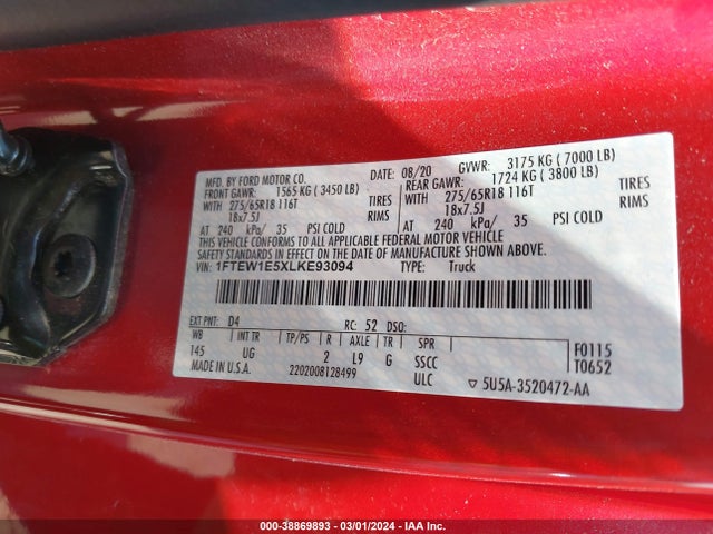 Ford F-150 Xlt 2020 1FTEW1E5XLKE93094 Image 9