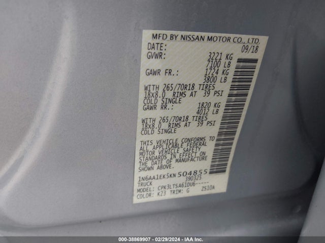 Nissan TITAN SV 2019 1N6AA1EK5KN504855 Image 9