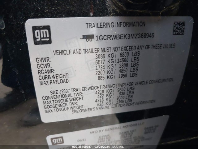 1GCRWBEK3MZ368945 Chevrolet Silverado 1500 2wd Double Cab Standard Bed Custom
