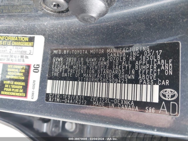 Toyota COROLLA LE 2017 2T1BURHE5HC909421 Image 9