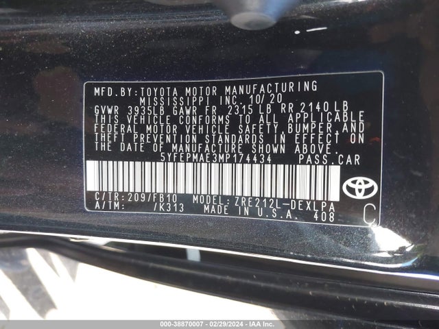 Toyota COROLLA LE 2021 5YFEPMAE3MP174434 Image 9