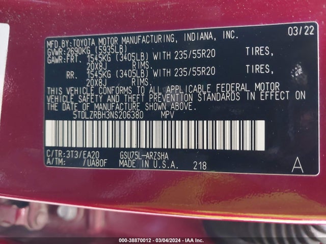 Toyota Highlander Xse 2022 5TDLZRBH3NS206380 Image 9