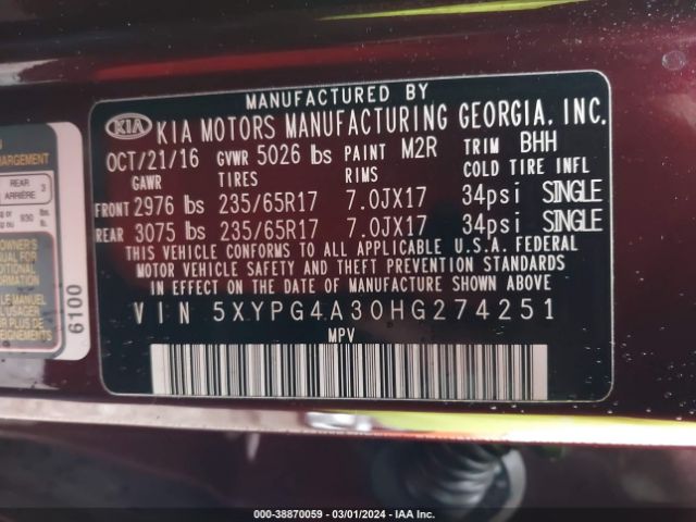 5XYPG4A30HG274251 KIA Sorento 2.4l Lx