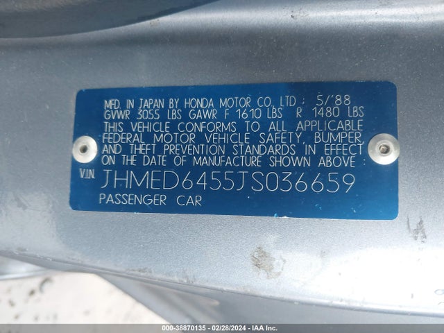 1988 HONDA CIVIC 1.5 DX VIN: JHMED6455JS036659