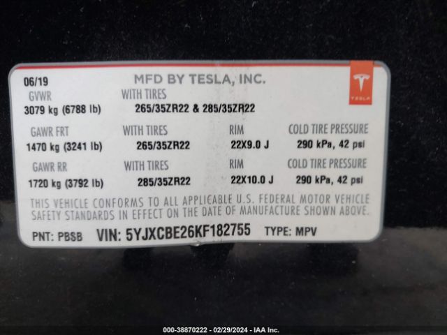 5YJXCBE26KF182755 Tesla Model X 100d/75d/long Range