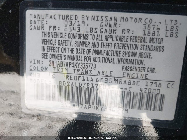 Nissan SENTRA SV 2019 3N1AB7AP4KY336779 Image 9