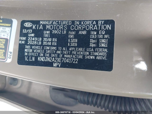 KIA SOUL 2014 KNDJN2A2XE7041722 Image 9