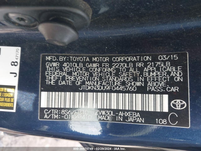 Toyota Prius Two 2015 JTDKN3DU9F0445760 Image 9