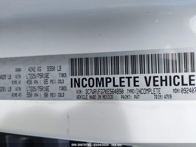 RAM Promaster 3500 Cab Low Roof 2019 3C7WRVFG7KE564890 Image 8