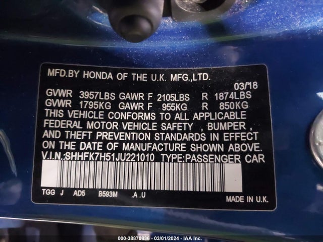 Honda CIVIC EX 2018 SHHFK7H51JU221010 Image 9