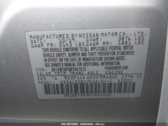 Nissan SENTRA SV 2019 3N1AB7AP3KY441412 Image 9