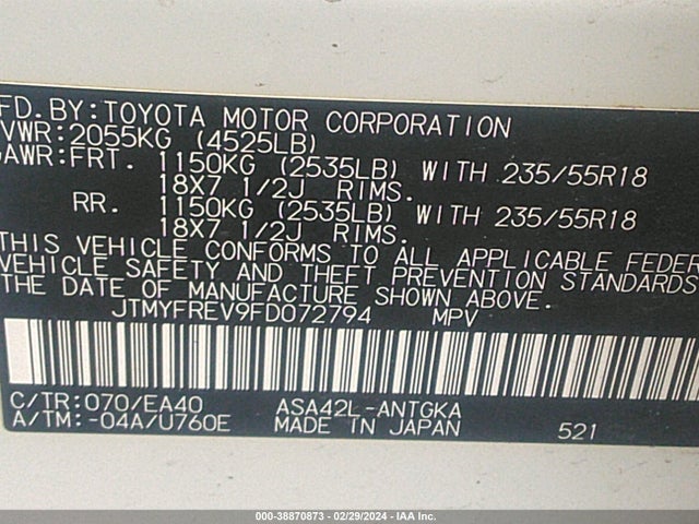 Toyota Rav4 Limited 2015 JTMYFREV9FD072794 Image 9
