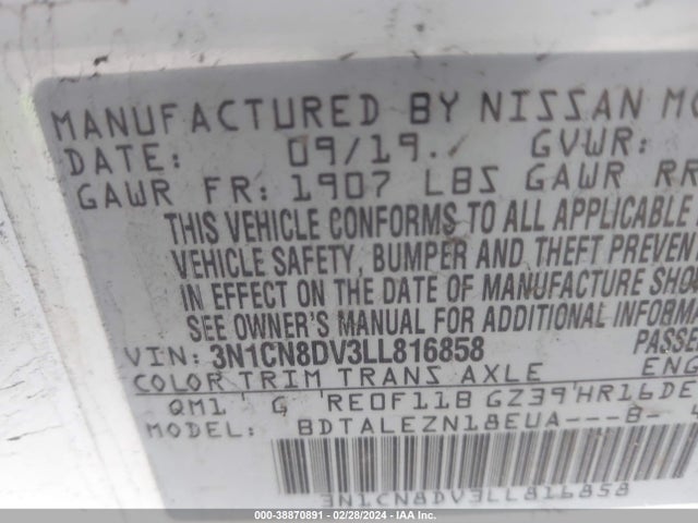 Nissan Versa S Xtronic Cvt 2020 3N1CN8DV3LL816858 Image 9