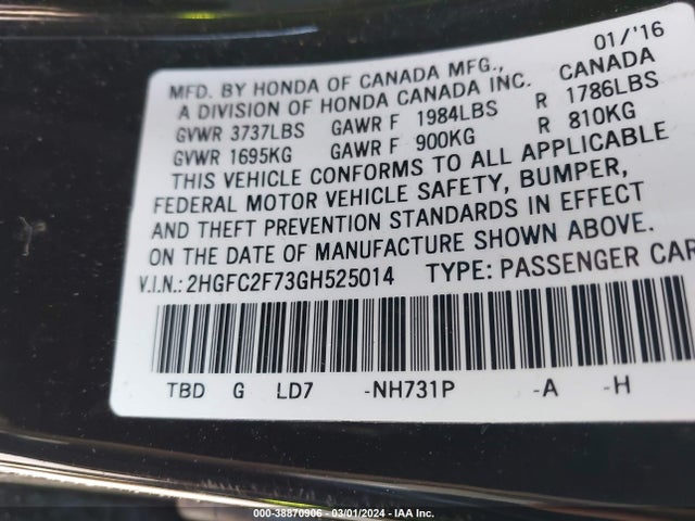 Honda CIVIC EX 2016 2HGFC2F73GH525014 Image 9