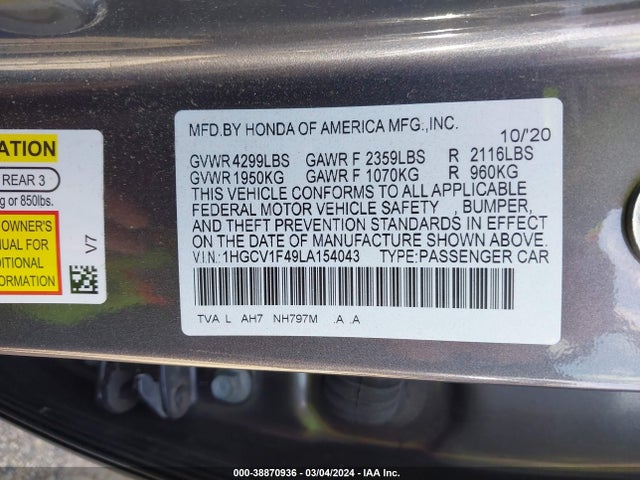 Honda ACCORD EX 2020 1HGCV1F49LA154043 Image 9