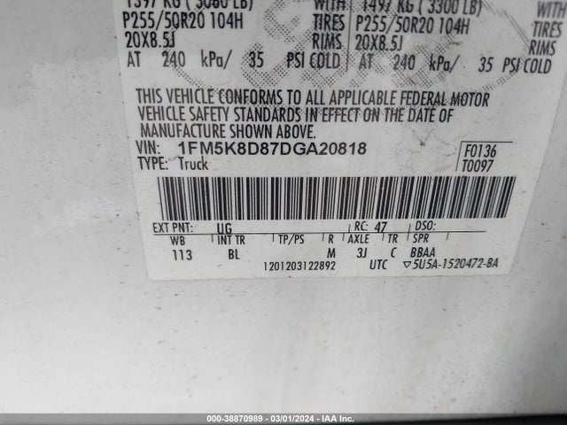 38870989 :رقم المزاد ، 1FM5K8D87DGA20818 vin ، 2013 Ford Explorer Xlt مزاد بيع