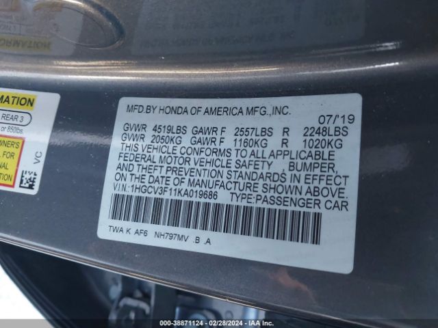 1HGCV3F11KA019686 Honda ACCORD HYBRID
