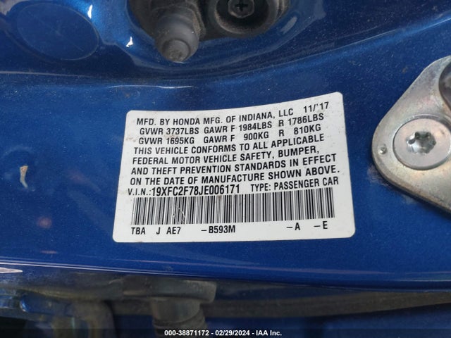 Honda CIVIC EX 2018 19XFC2F78JE006171 Image 9