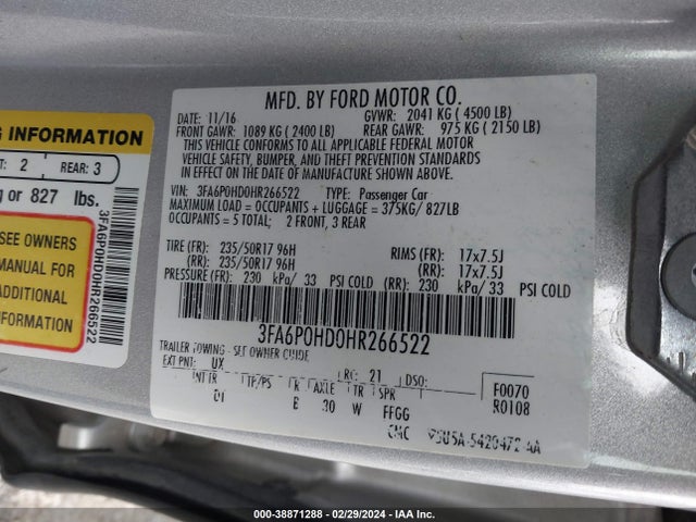 Ford FUSION SE 2017 3FA6P0HD0HR266522 Image 9