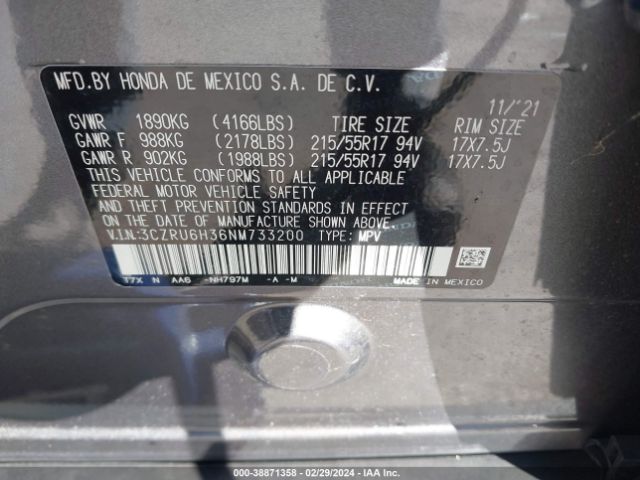3CZRU6H36NM733200 Honda Hr-v Awd Lx