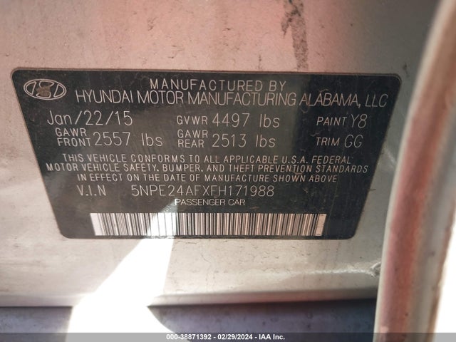 Hyundai SONATA SE 2015 5NPE24AFXFH171988 Image 9