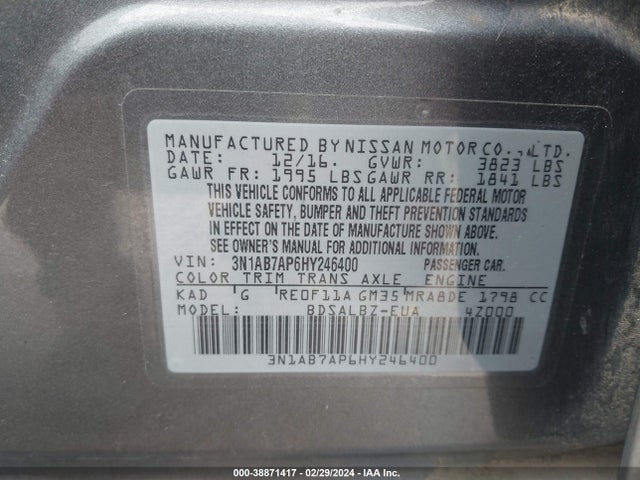 Nissan SENTRA S 2017 3N1AB7AP6HY246400 Image 9