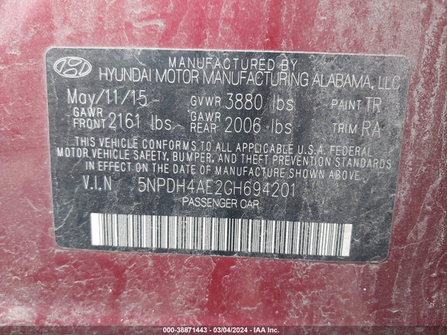 Hyundai ELANTRA SE 2016 5NPDH4AE2GH694201 Image 9