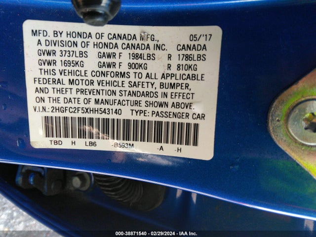 Honda Civic Lx 2017 2HGFC2F5XHH543140 Image 9