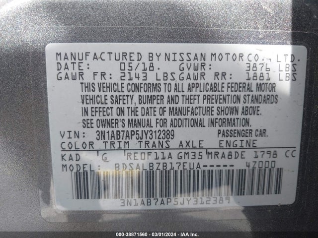 Nissan SENTRA S 2018 3N1AB7AP5JY312389 Image 9