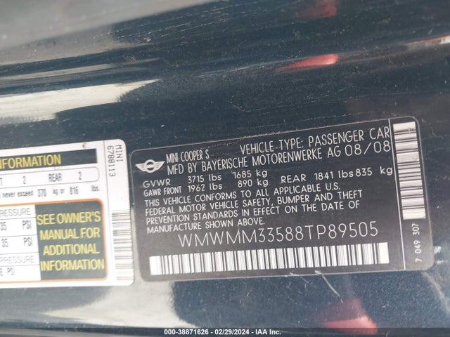 2008 MINI COOPER S CLUBMAN WMWMM33588TP89505 Photo 8