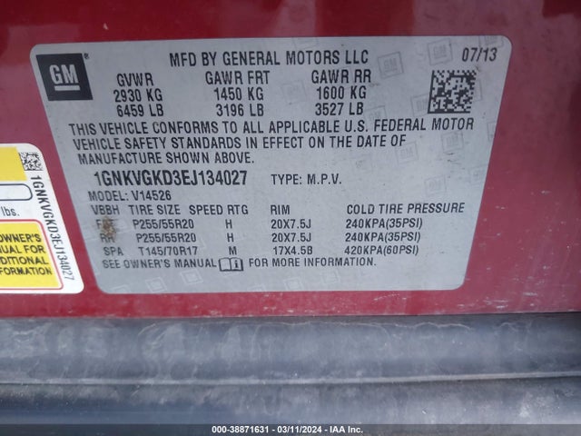 Chevrolet Traverse 1lt 2014 1GNKVGKD3EJ134027 Image 9