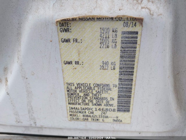 Nissan Altima 2.5 S 2015 1N4AL3AP0FC146808 Image 9