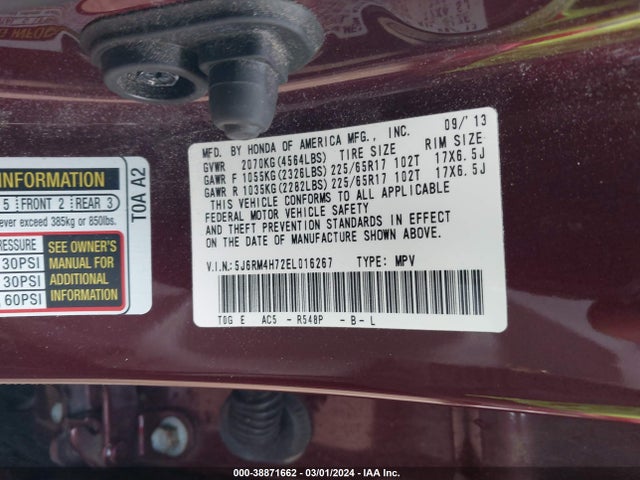 Honda Cr-v Ex-l 2014 5J6RM4H72EL016267 Image 9