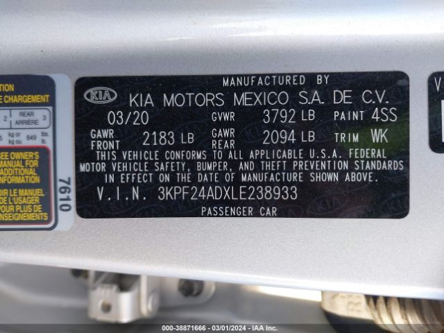 3KPF24ADXLE238933 KIA Forte Lxs