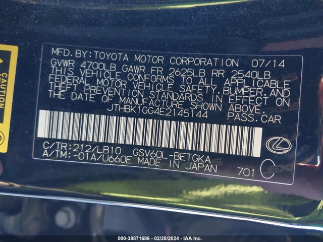 JTHBK1GG4E2145144 Lexus ES 350
