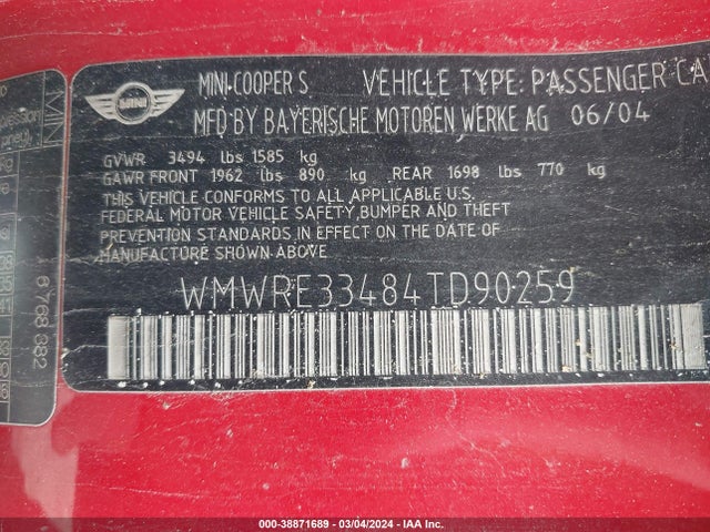 2004 MINI COOPER S WMWRE33484TD90259 Photo 8