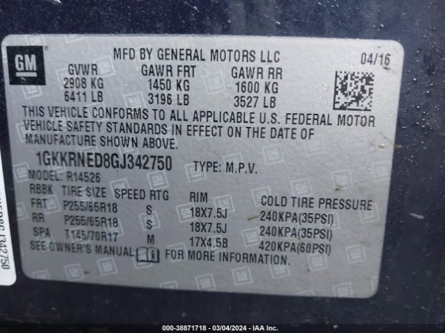 1GKKRNED8GJ342750 GMC Acadia Sle-1