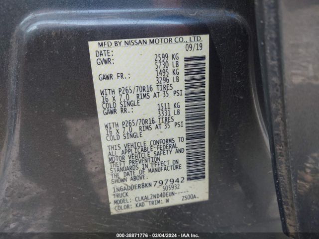 1N6AD0ER8KN797942 Nissan Frontier Sv