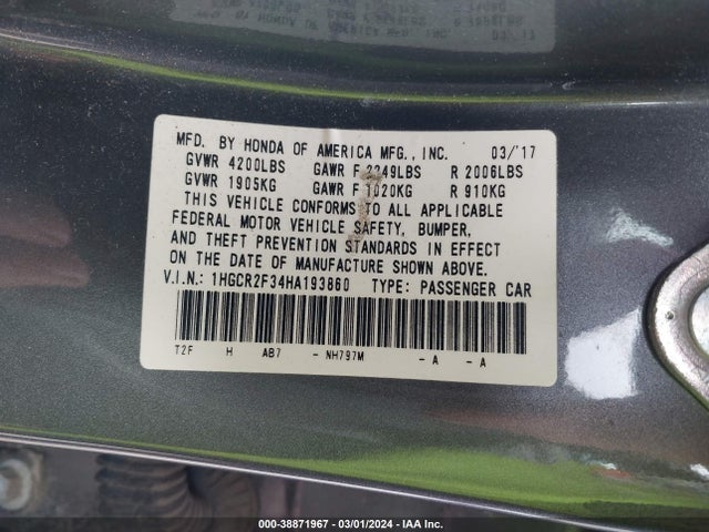 Honda ACCORD LX 2017 1HGCR2F34HA193860 Image 9