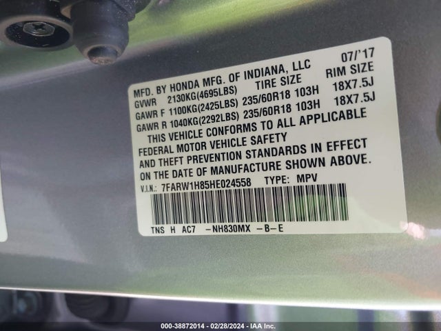 Honda Cr-v Ex-l/ex-l Navi 2017 7FARW1H85HE024558 Image 9