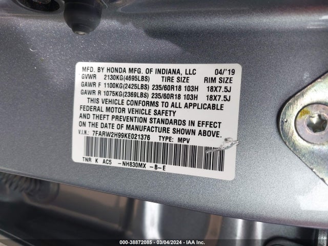 Honda Cr-v Touring 2019 7FARW2H99KE021376 Image 9
