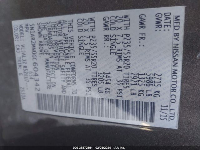 5N1AR2MN0GC604342 Nissan Pathfinder Platinum