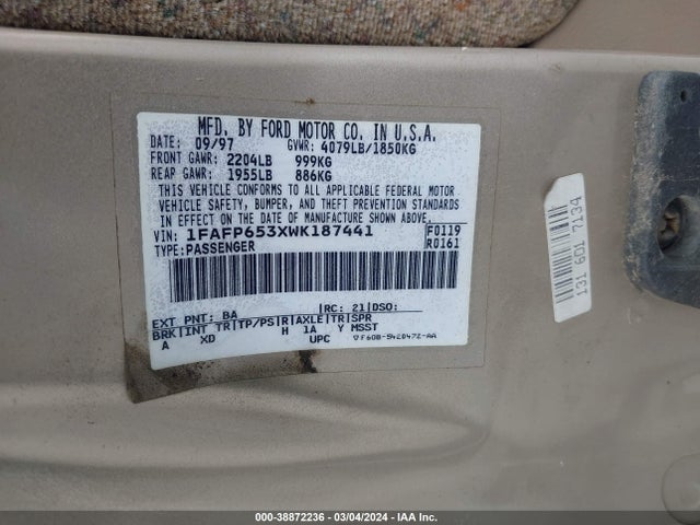 1998 FORD CONTOUR VIN: 1FAFP653XWK187441